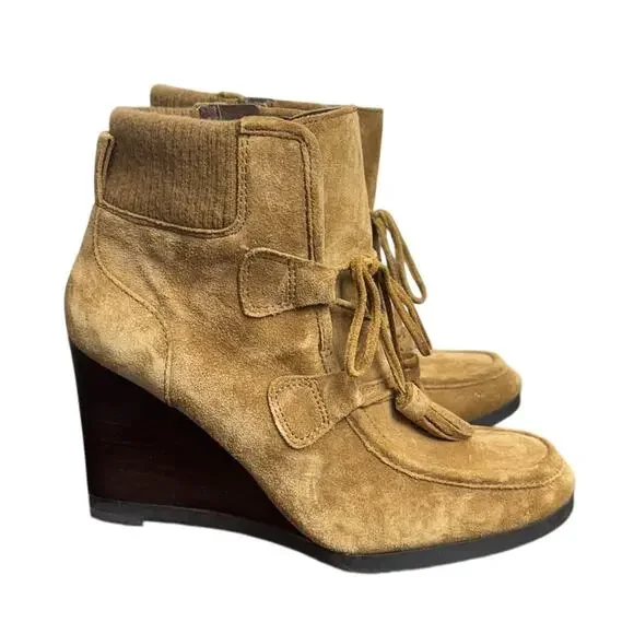 Women’s Franco Sarto Camel Brown Leather Wedge Bootie Heel Boots - Size 7.5 - Picture 5 of 5